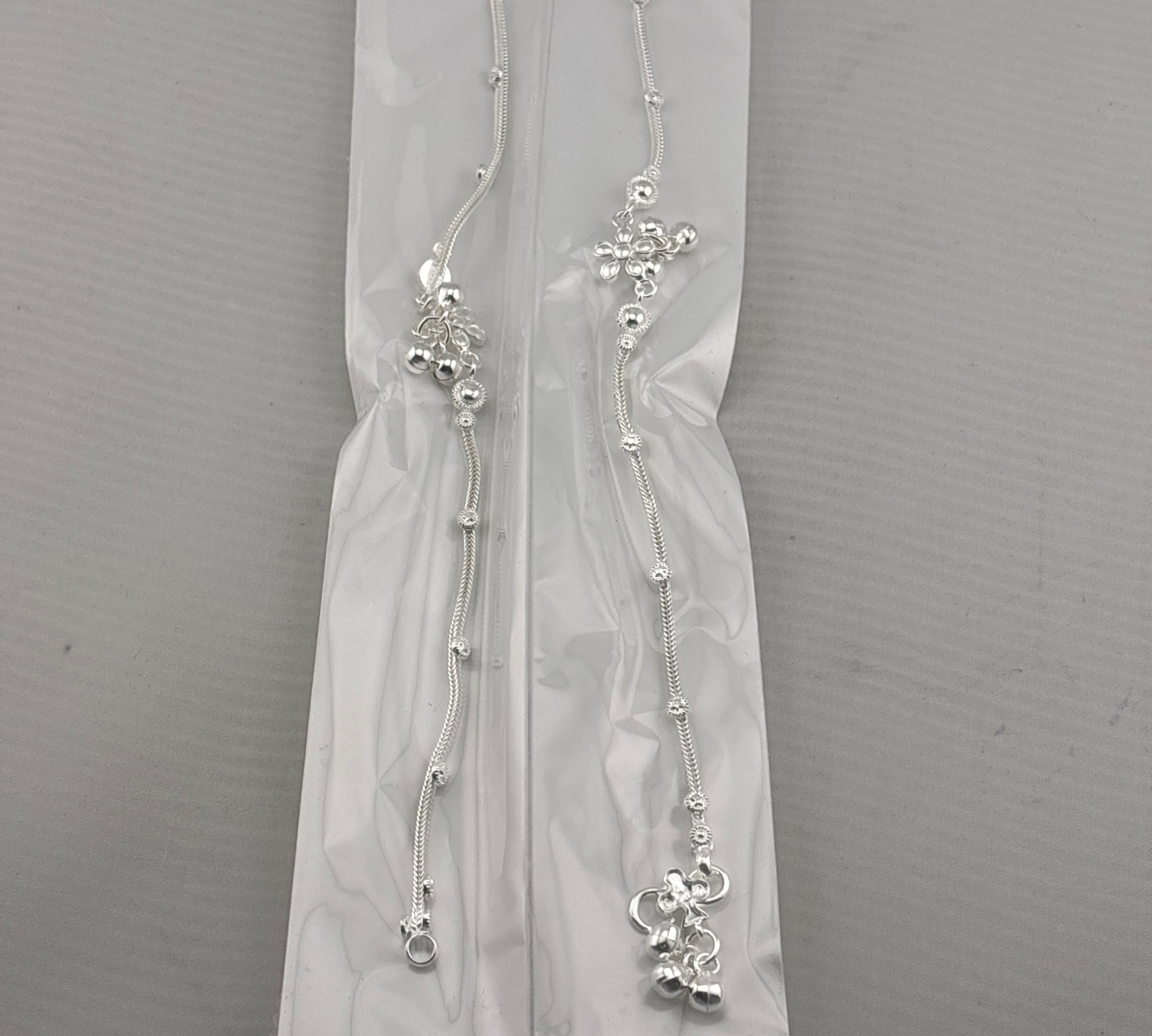 Floral Charm Station Silver Anklet – 99.9% Pure Silver – Weight:22g