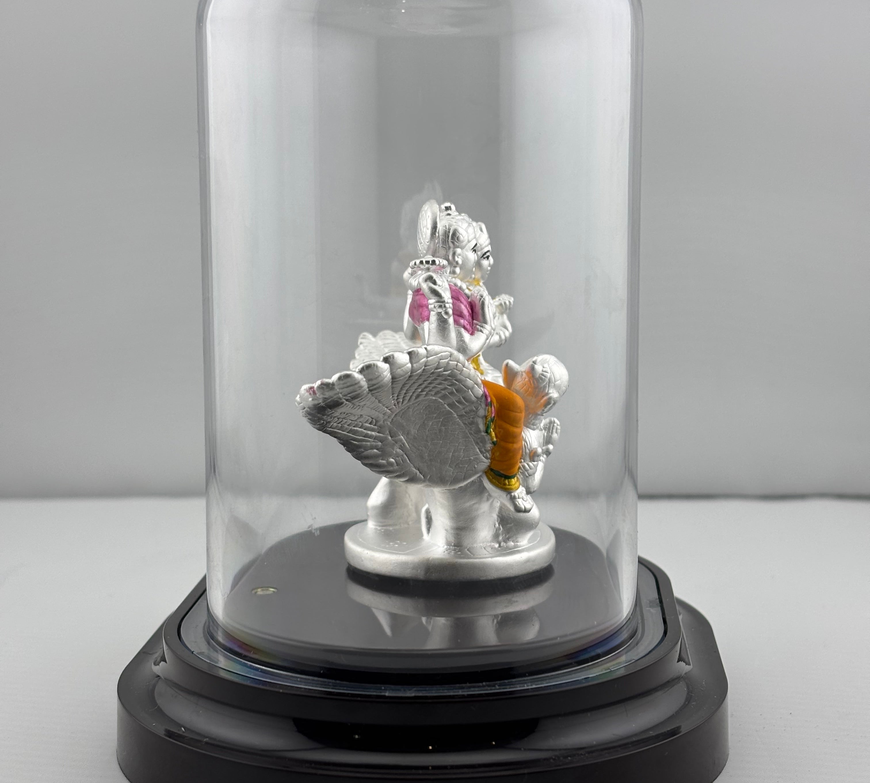 999 Pure Silver Vishnu & Lakshmi on Garuda Idol in Protective Acrylic Dome – Divine Couple Murti for Pooja