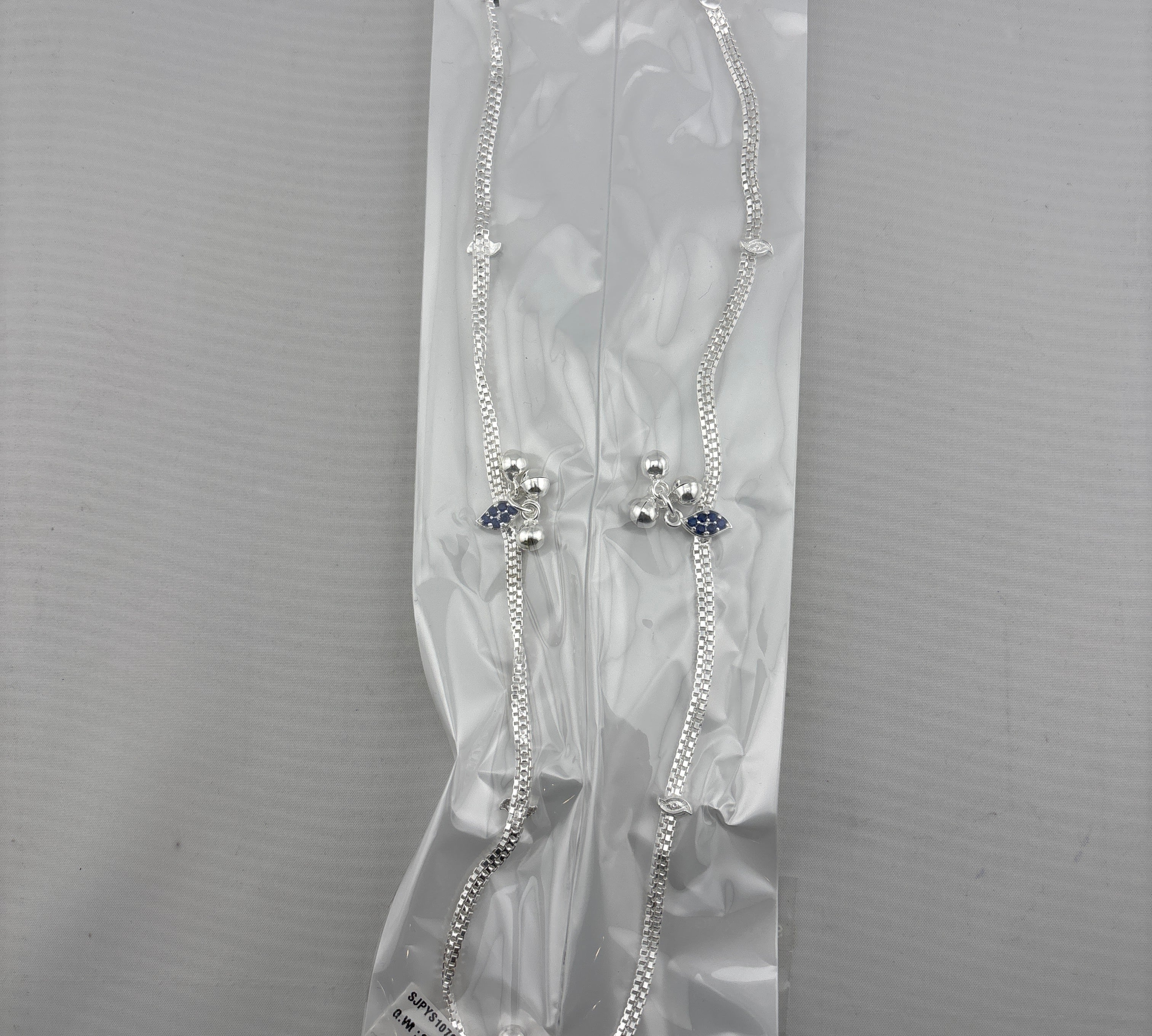 Blue Stone Bell Charm Silver Anklet – 99.9% Pure Silver – Weight:22g