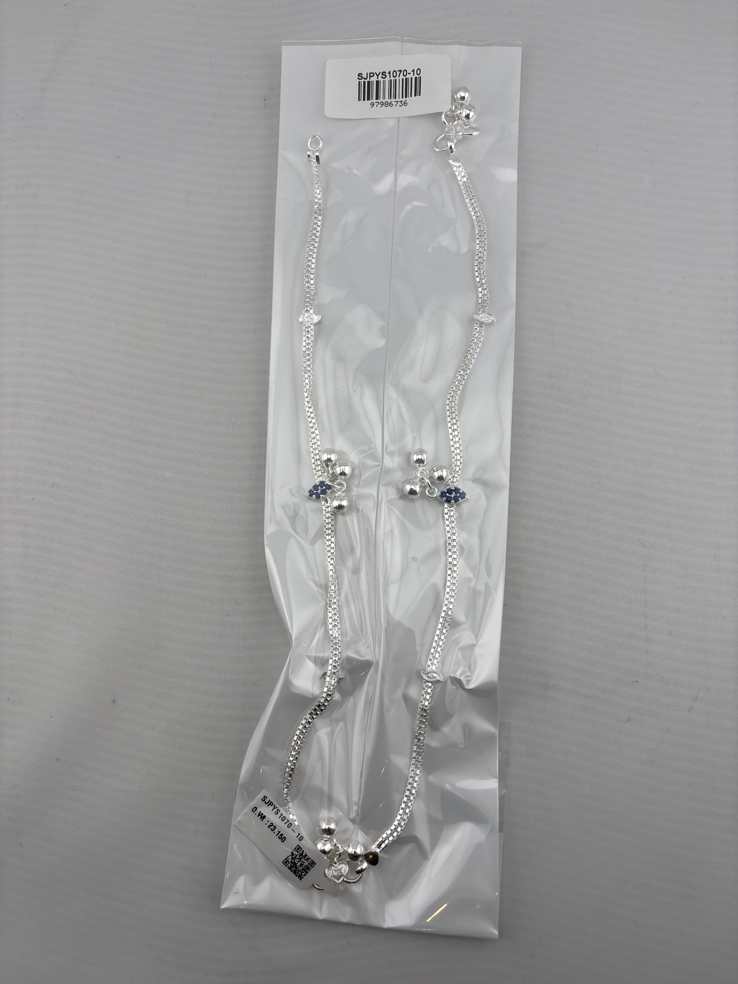 Blue Stone Bell Charm Silver Anklet – 99.9% Pure Silver – Weight:22g
