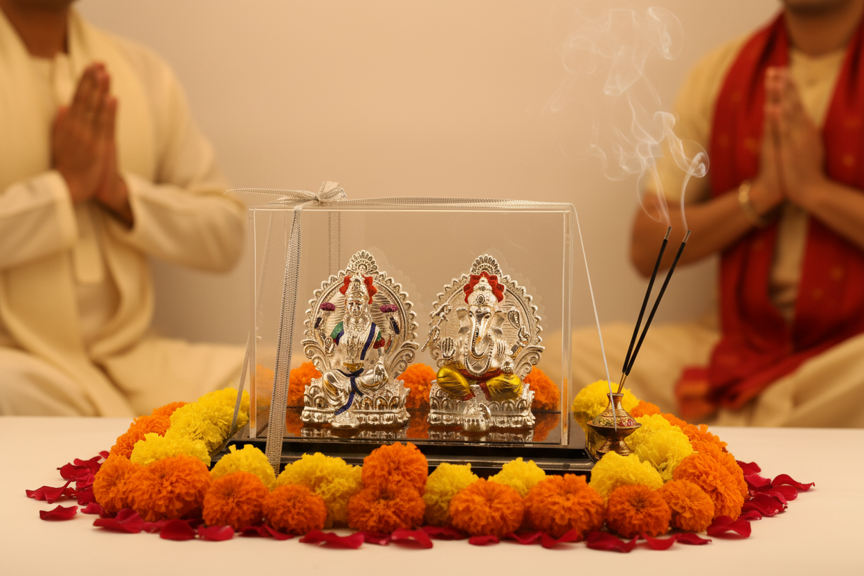 999 Pure Silver Ganesha & Lakshmi Idol 136gm – Grand Prosperity Murti for Home Mandir