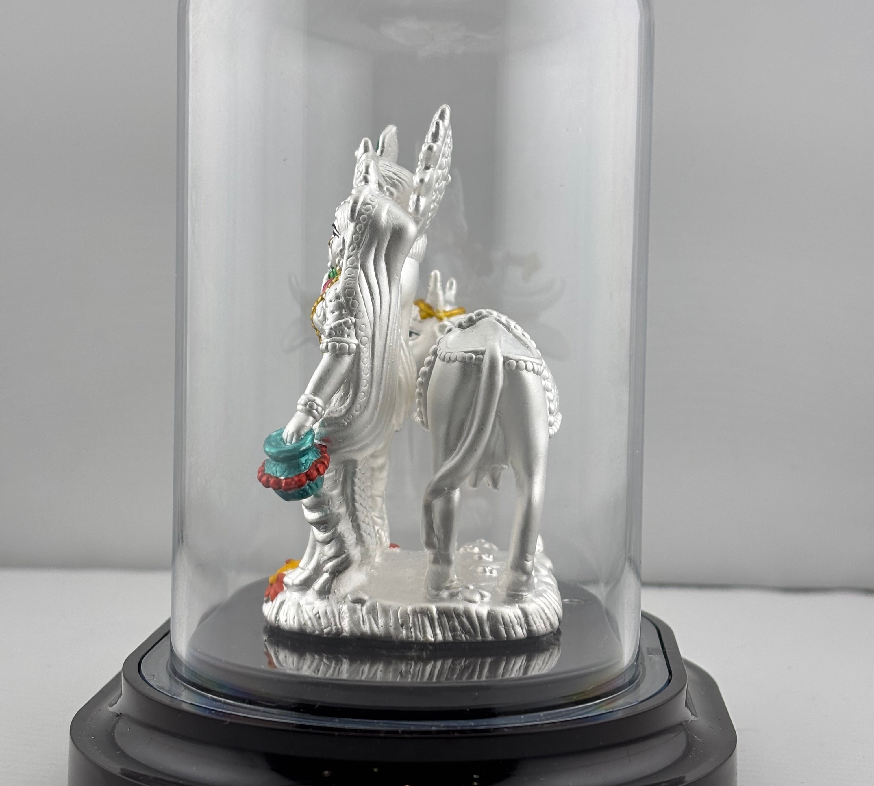 999 Pure Silver Radha Krishna Idol in Protective Acrylic Dome – Divine Couple Murti with Green Details