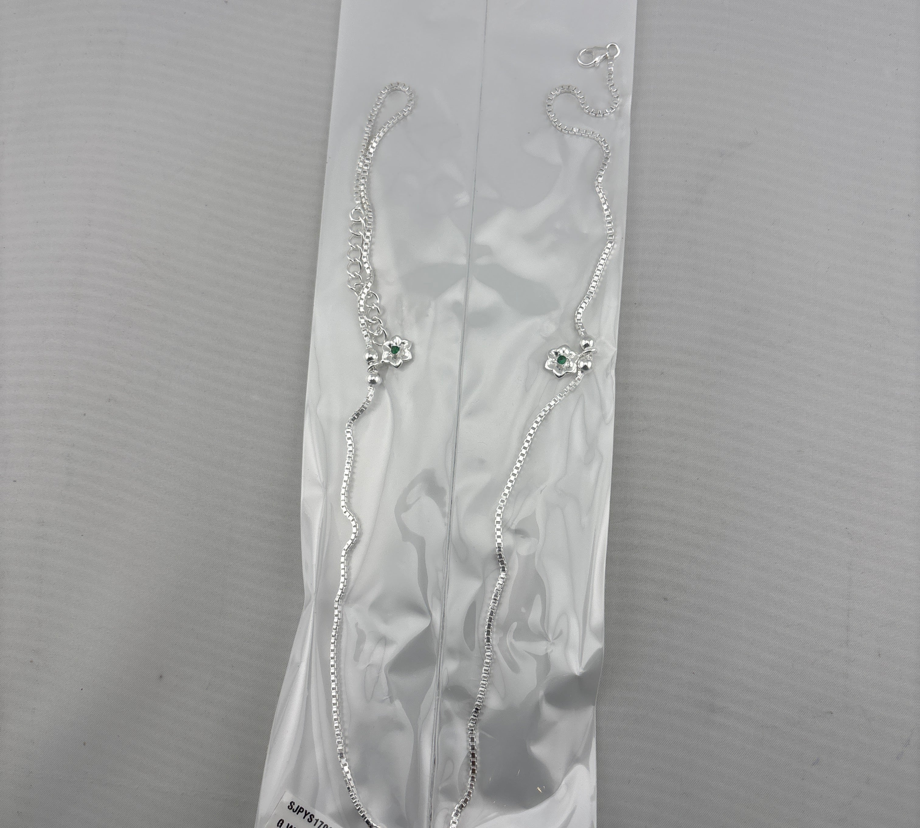 Green Flower Charm Silver Anklet – 99.9% Pure Silver – Weight:11g