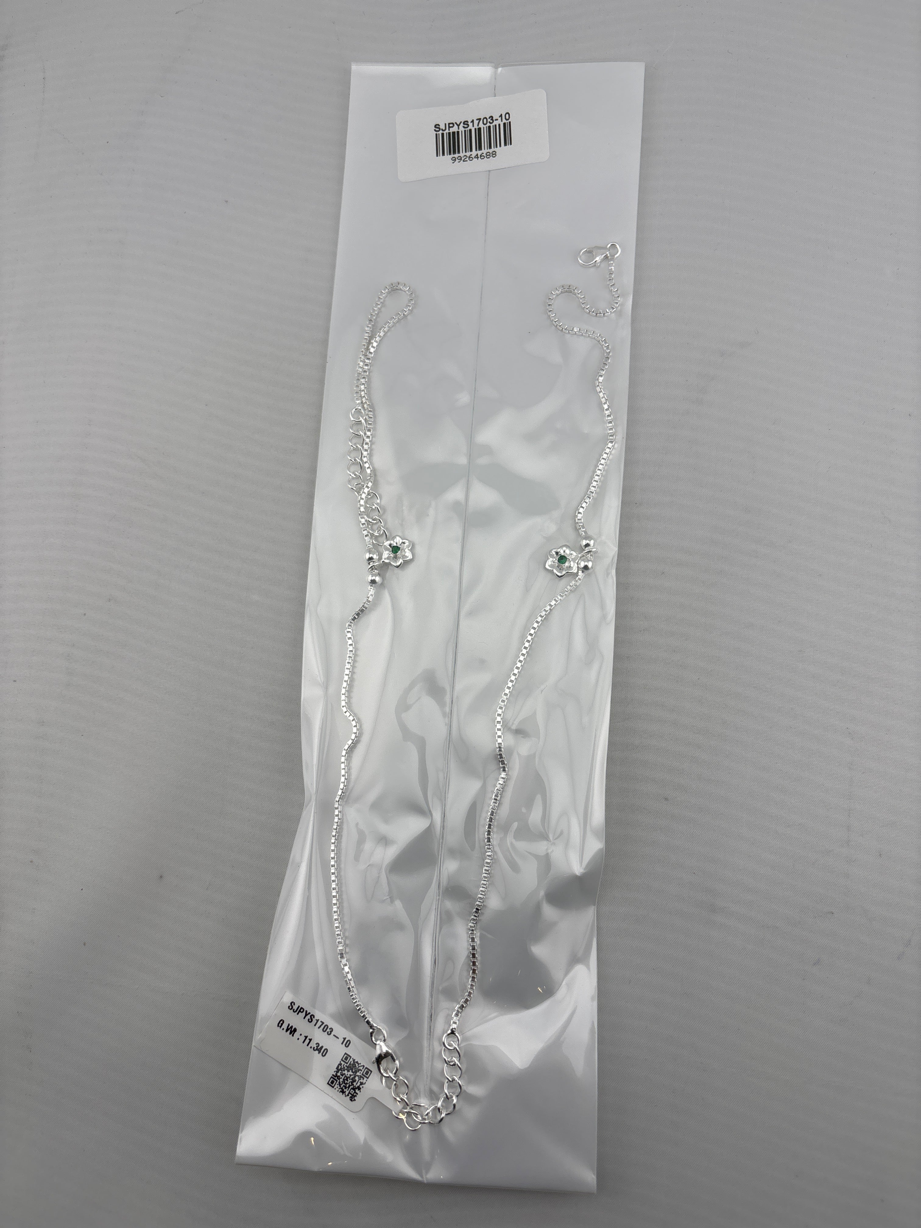 Green Flower Charm Silver Anklet – 99.9% Pure Silver – Weight:11g
