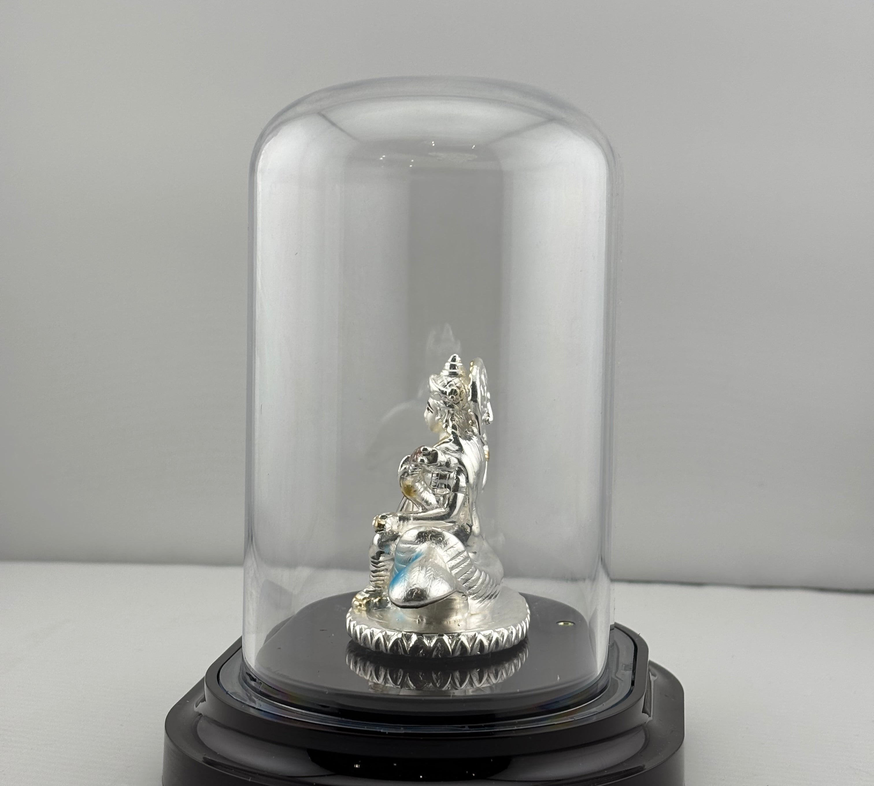 999 Pure Silver Goddess Saraswathi Idol in Protective Acrylic Dome – Divine Vidya Devi Murti for Study & Temple