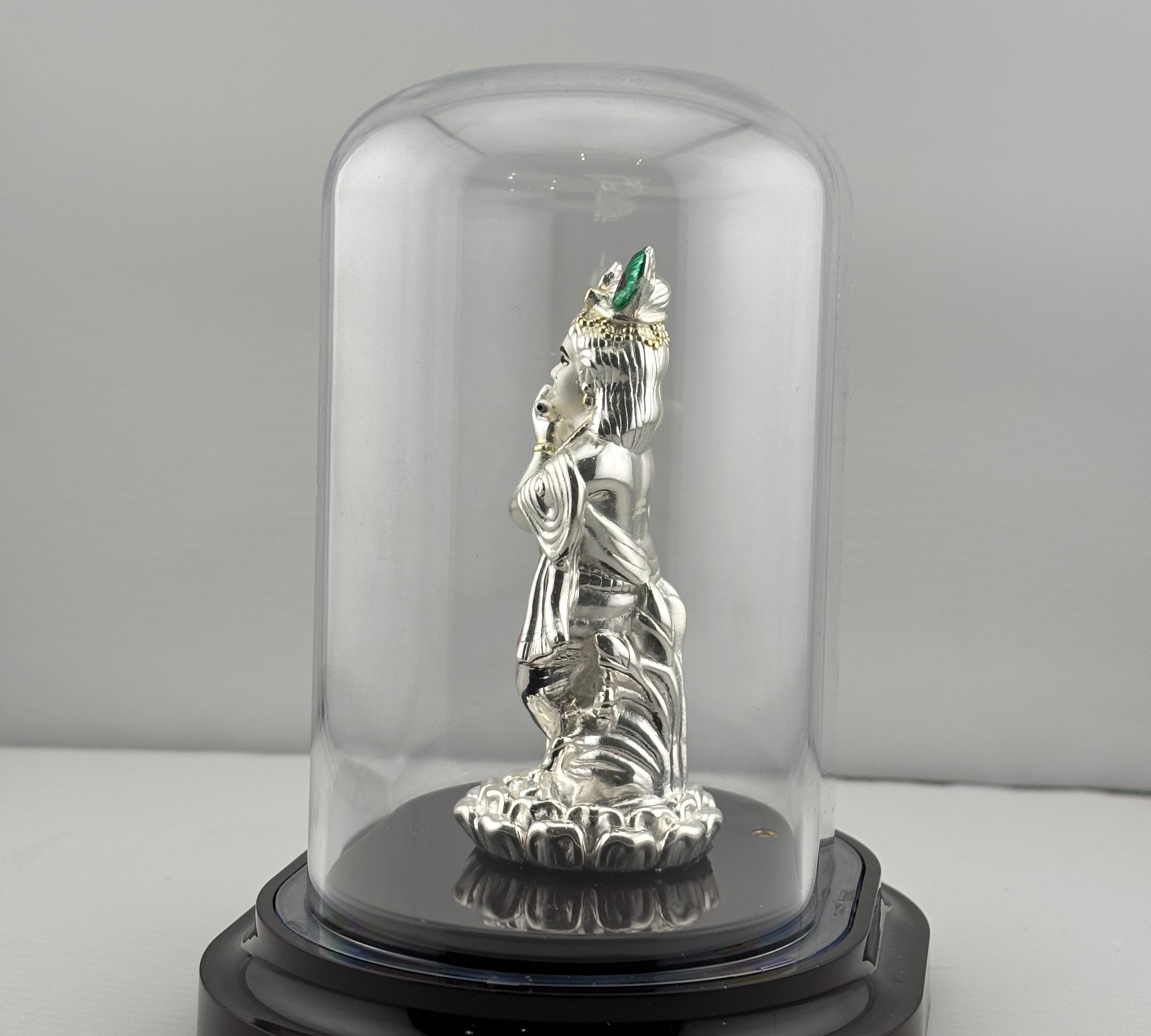 999 Pure Silver Lord Krishna with Flute Idol in Protective Acrylic Dome – Divine Murali Manohar Murti for Home Mandir