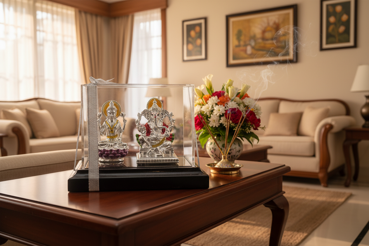 999 Pure Silver Ganesha & Lakshmi Idol 95gm – Auspicious Prosperity Murti for Temple Décor