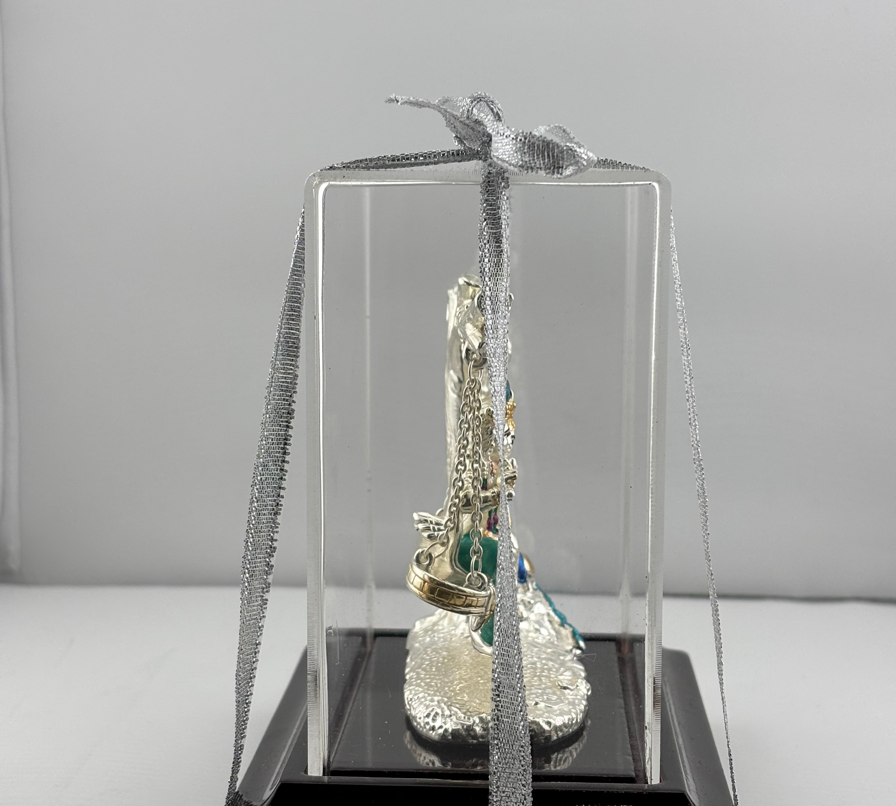 999 Pure Silver Radha Krishna on Swing Idol 56gm in Protective Acrylic Dome – Romantic Divine Couple Murti for Mandir