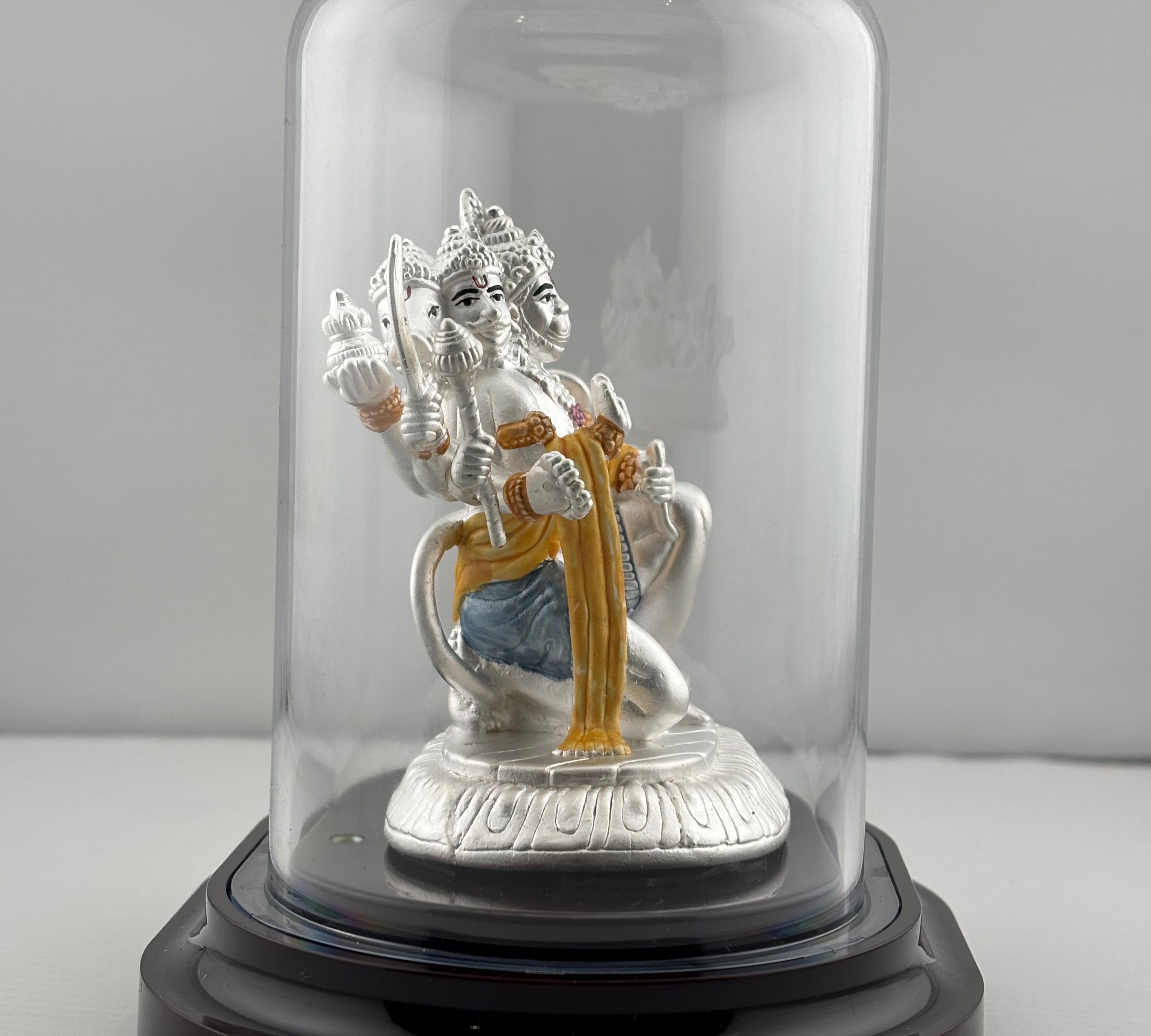 999 Pure Silver Pancha Mukhi Hanuman Idol in Protective Acrylic Dome – Five-Faced Murti for Temple & Home Mandir