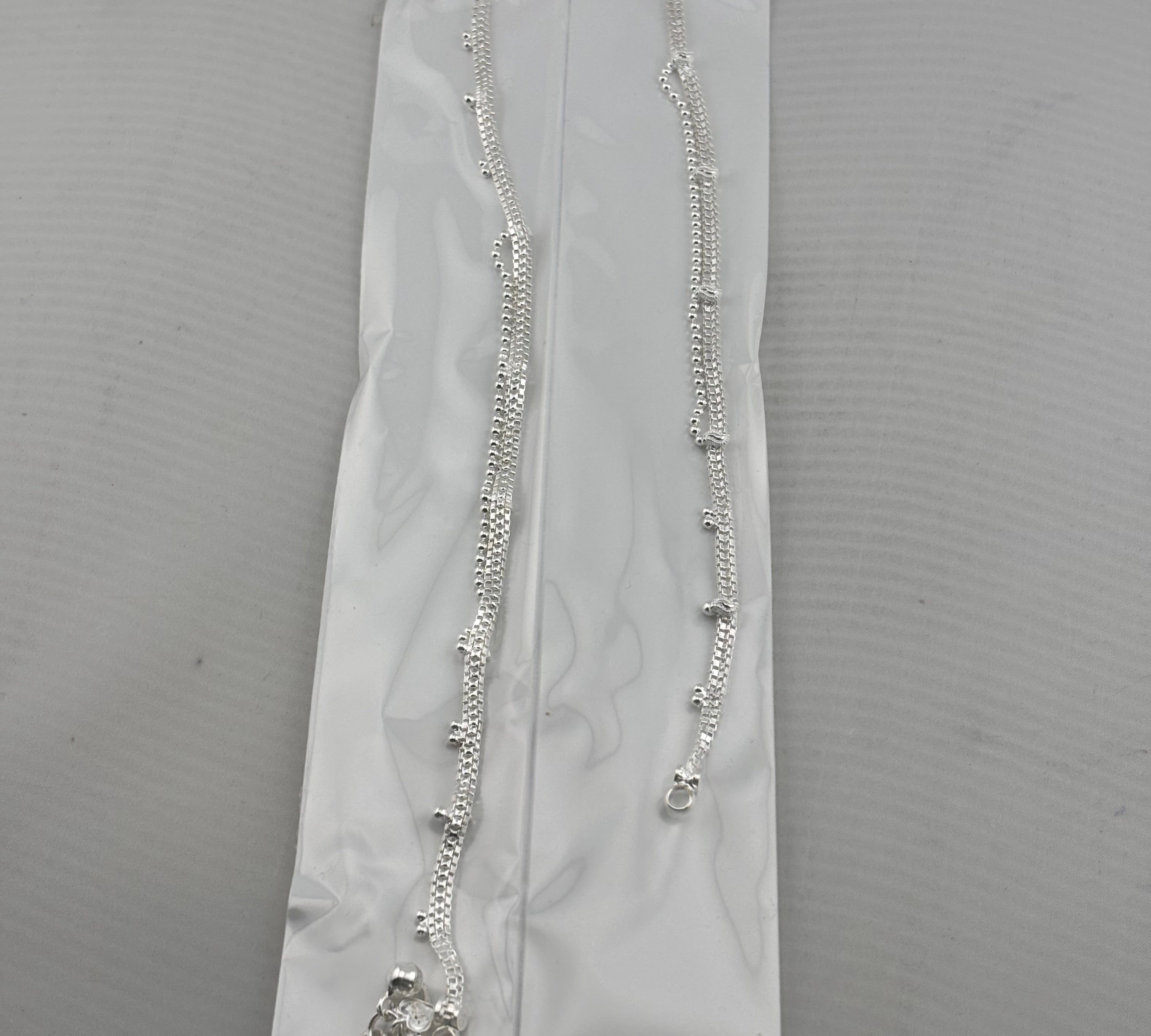 Double Layer Beaded Silver Anklet – 99.9% Pure Silver – Adjustable – Weight: 24 g