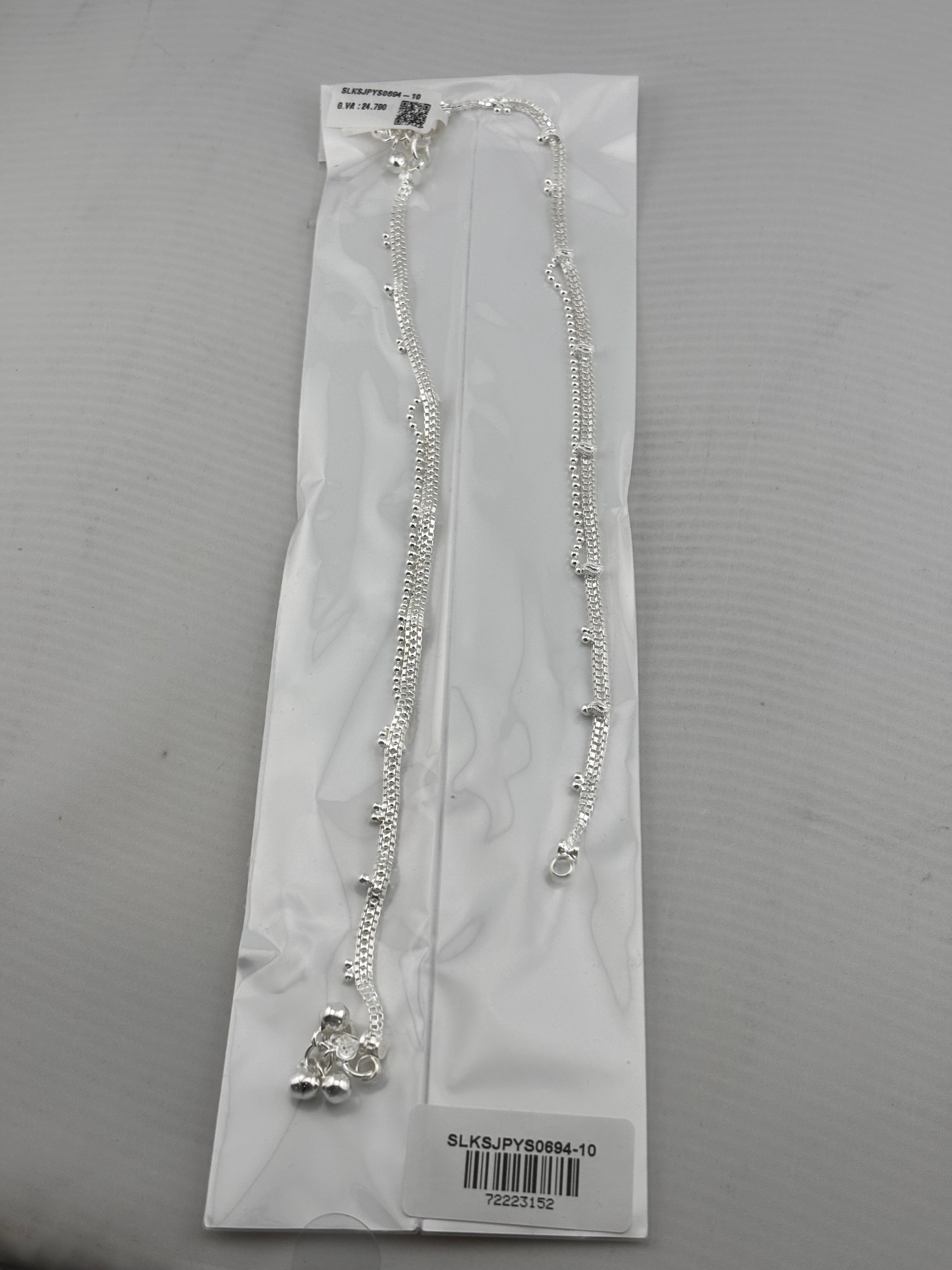Double Layer Beaded Silver Anklet – 99.9% Pure Silver – Adjustable – Weight: 24 g