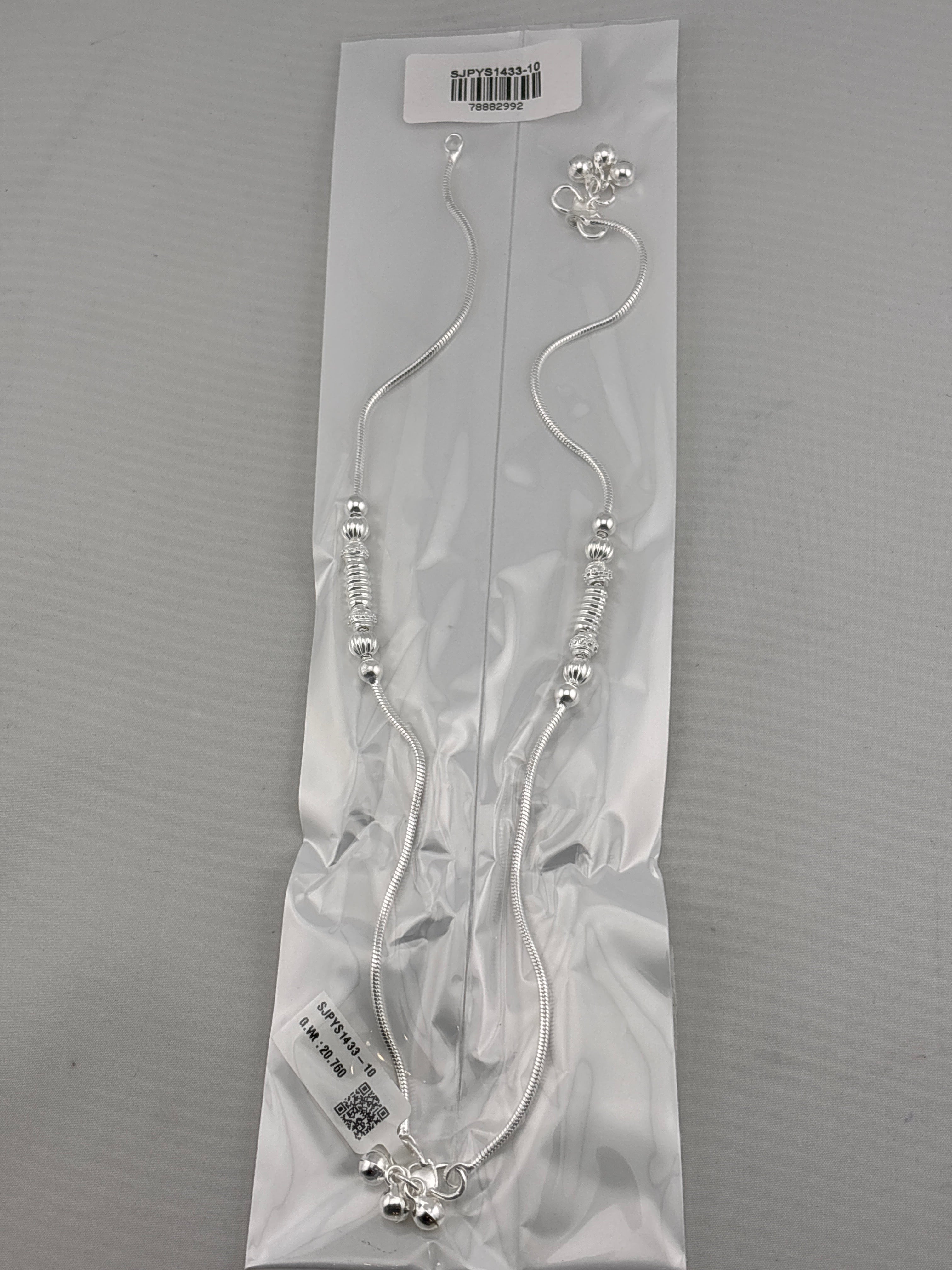 Stacked Bead Harmony Silver Anklet – 99.9% Pure Silver – Weight:20g