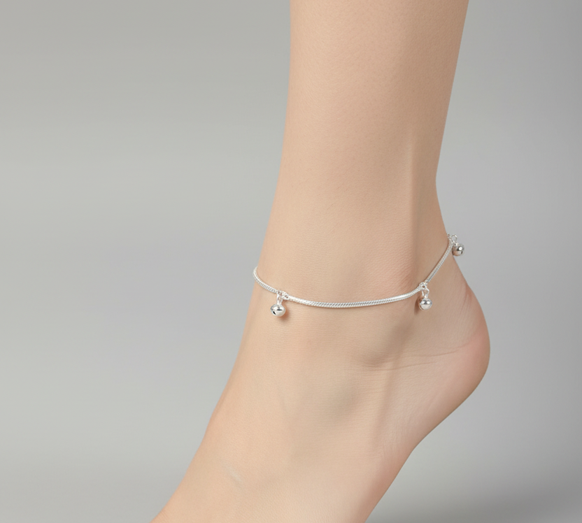 Bell Charm Minimal Silver Anklet – 99.9% Pure Silver – Weight:11g