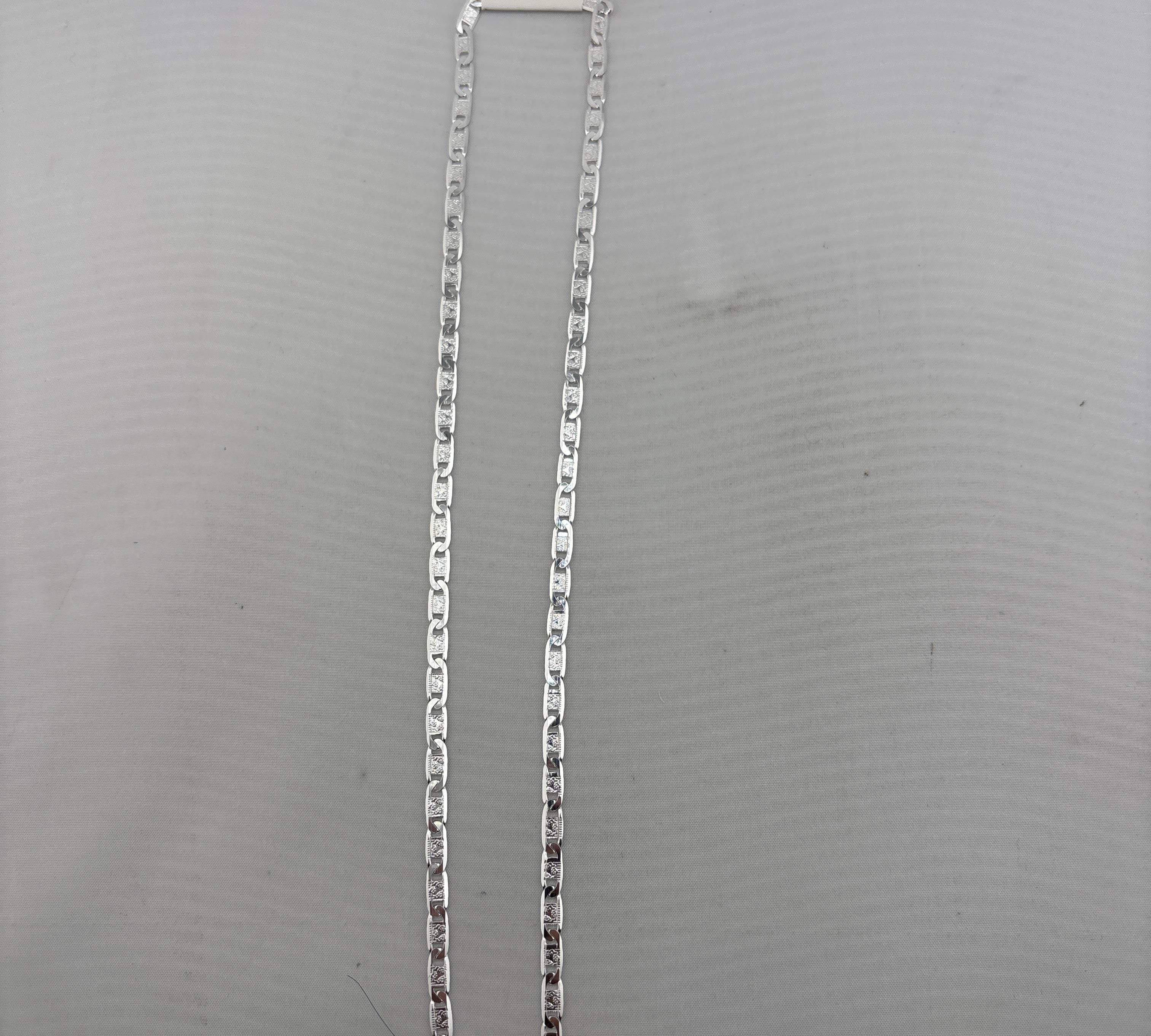 Star Stamped Flat Mariner Silver Chain in 925 Sterling Silver | Engraved Flat Link Necklace (20 Inch,11g)