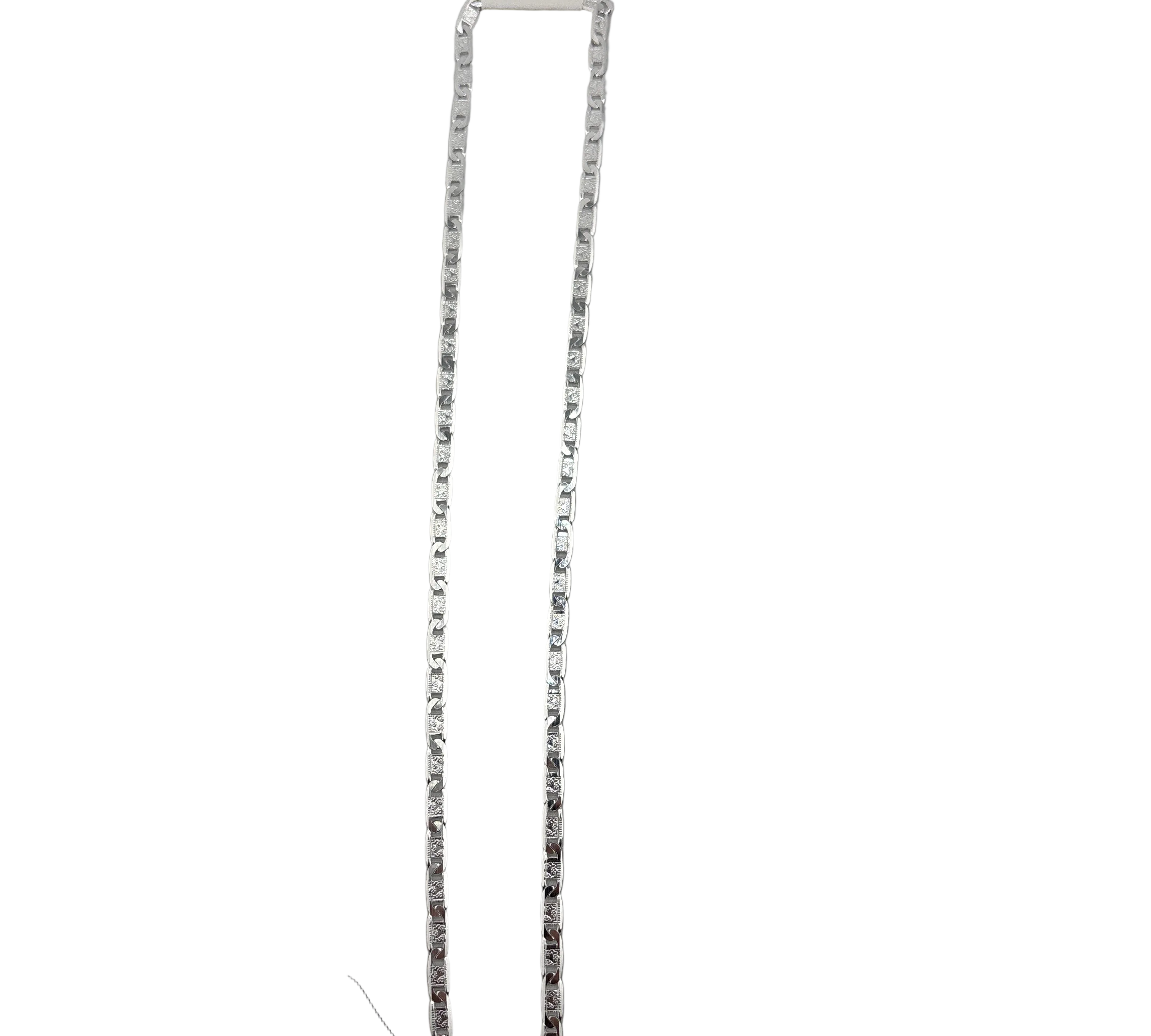 Star Stamped Flat Mariner Silver Chain in 925 Sterling Silver | Engraved Flat Link Necklace (20 Inch,11g)