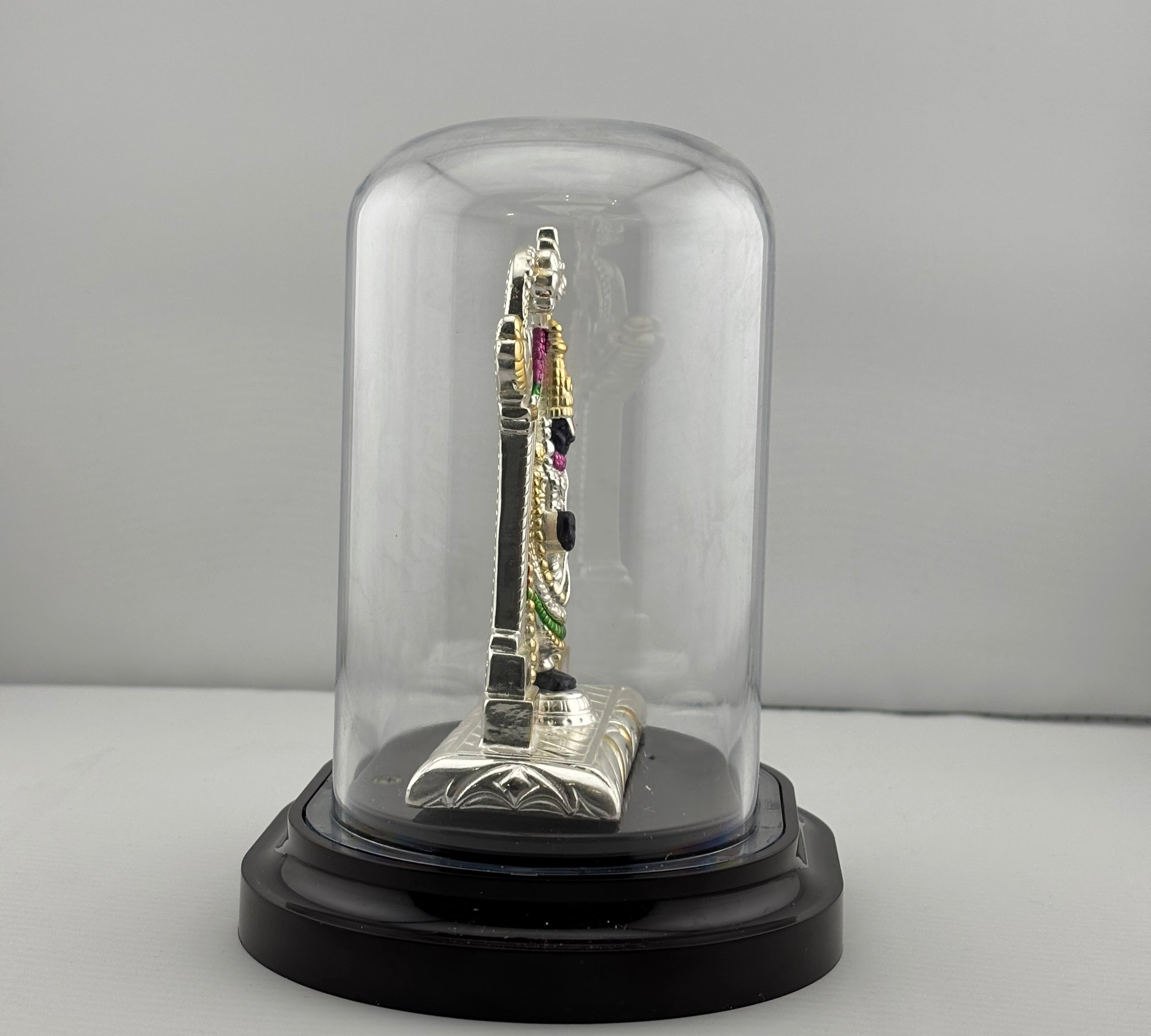 999 Pure Silver Balaji Idol in Protective Acrylic Dome – Lord Venkateswara Murti with Purple Details for Pooja