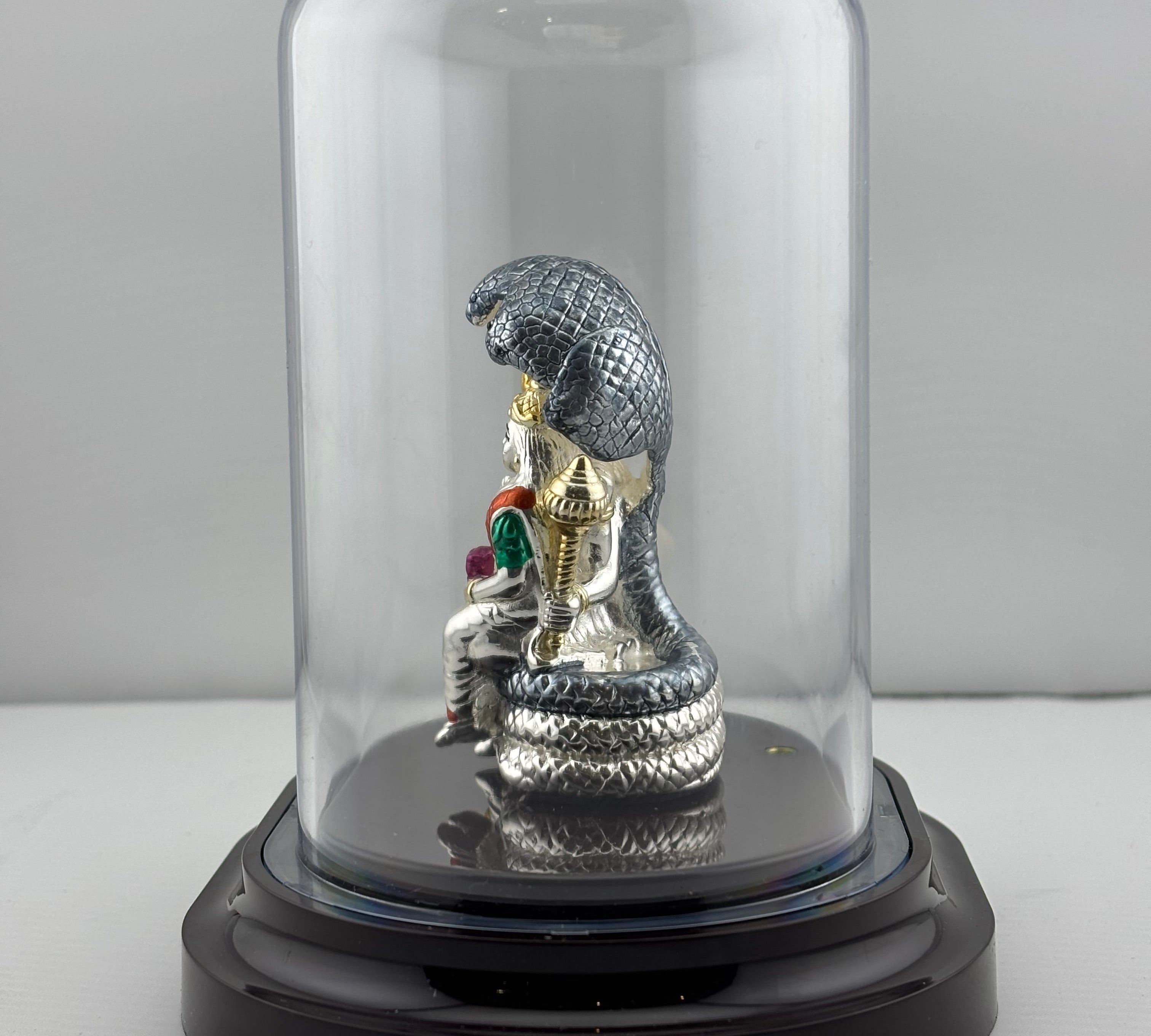 999 Pure Silver Vishnu & Lakshmi Idol in Protective Acrylic Dome – Divine Couple Murti on Sheshnag for Pooja