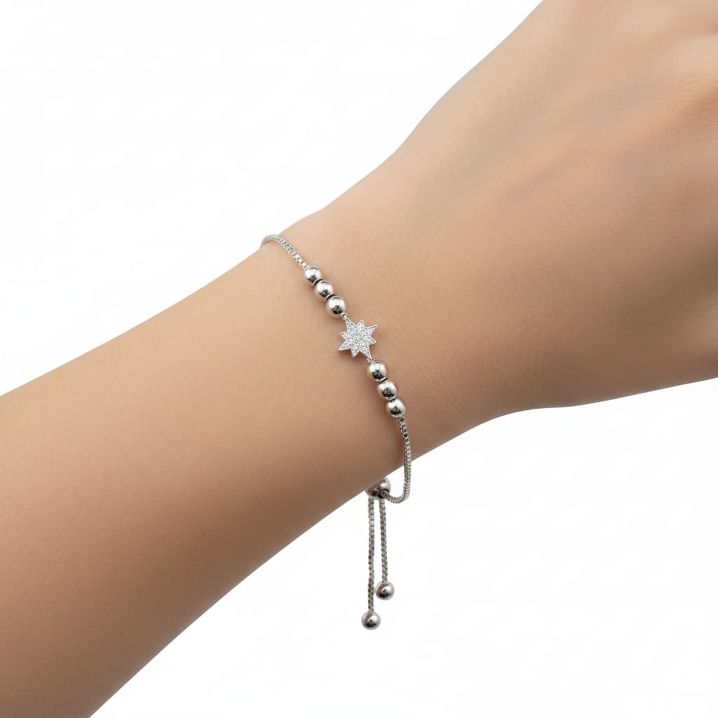(92.5% purity) Sterling Silver Star CZ Adjustable Bracelet