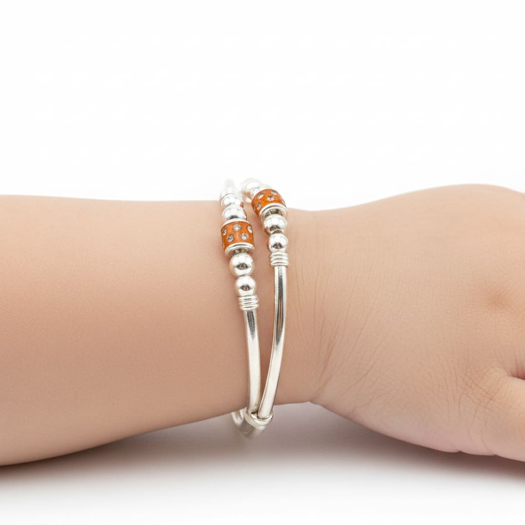 925 Sterling Silver Baby Kada Pair with Orange Charm Detail