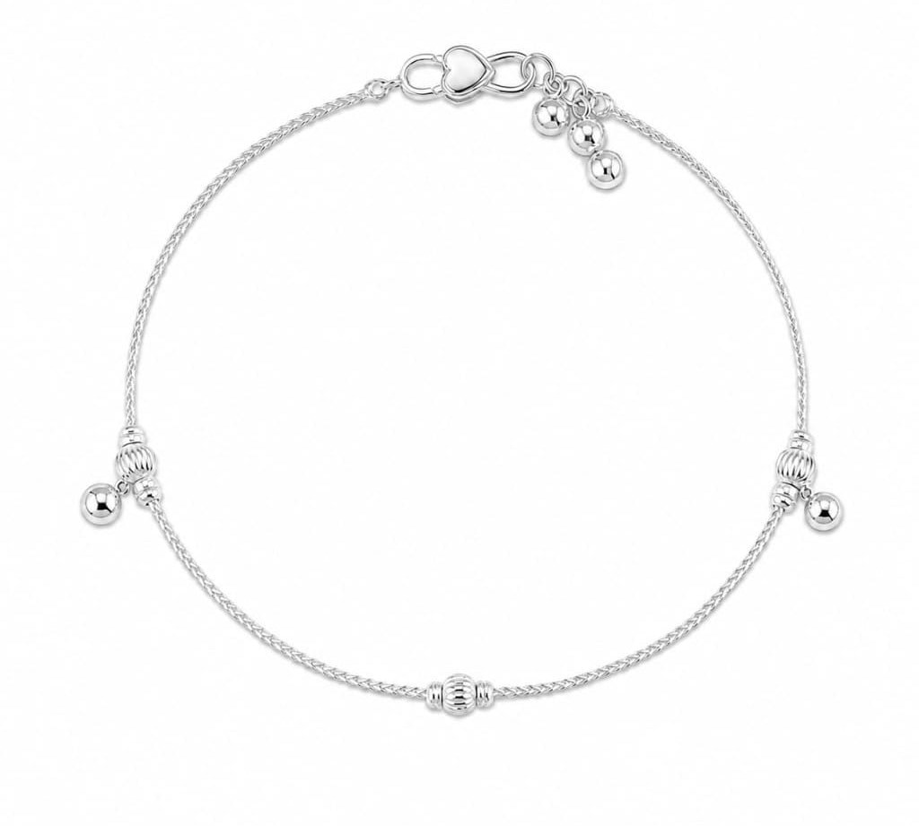 Single 925 sterling silver ball station kids anklet on white background