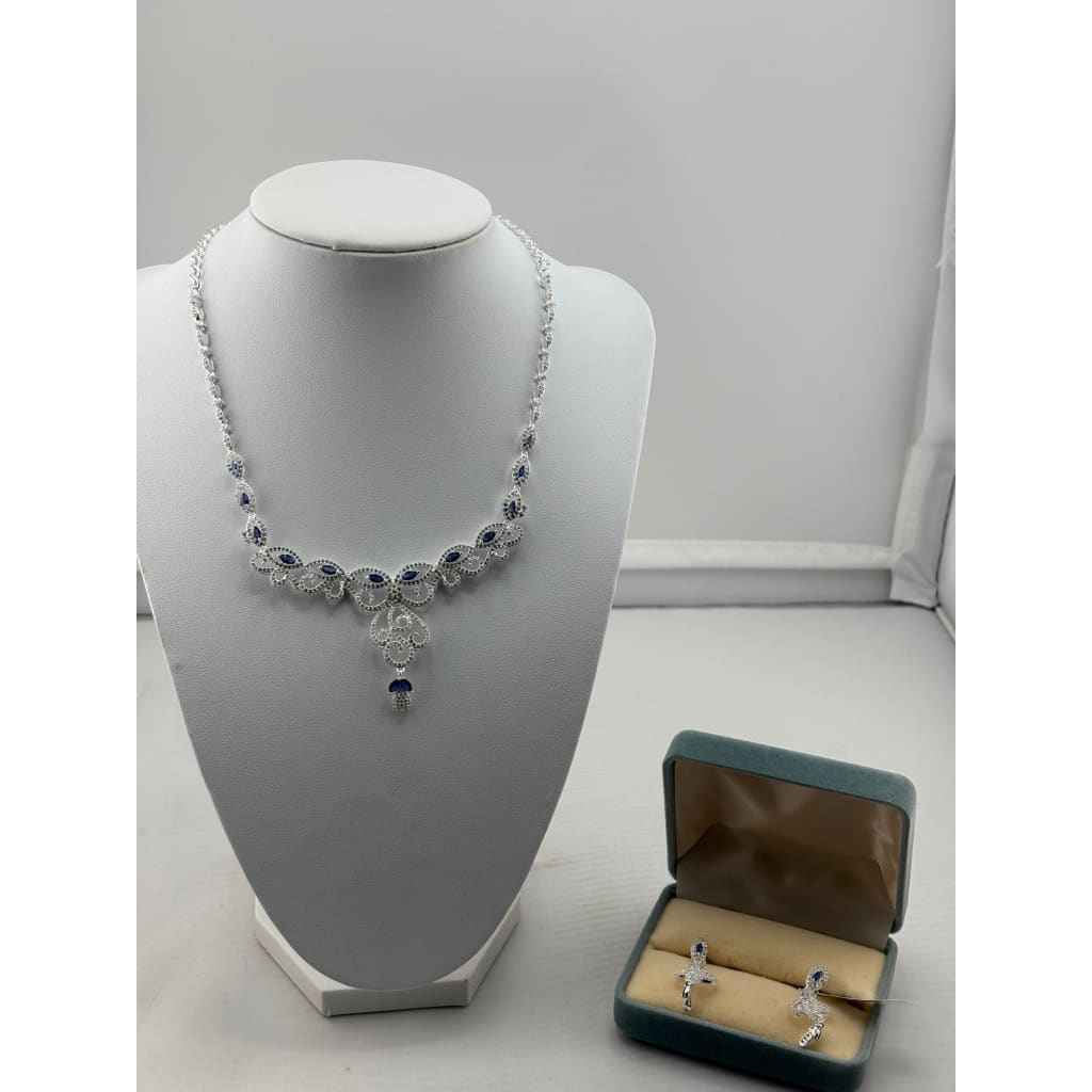925 Sterling Silver Blue CZ Necklace & Earrings Set –
