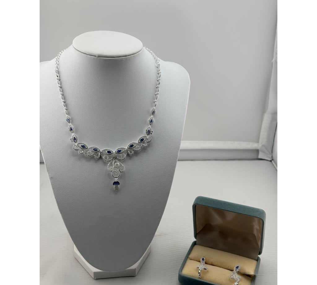 925 Sterling Silver Blue CZ Necklace & Earrings Set –