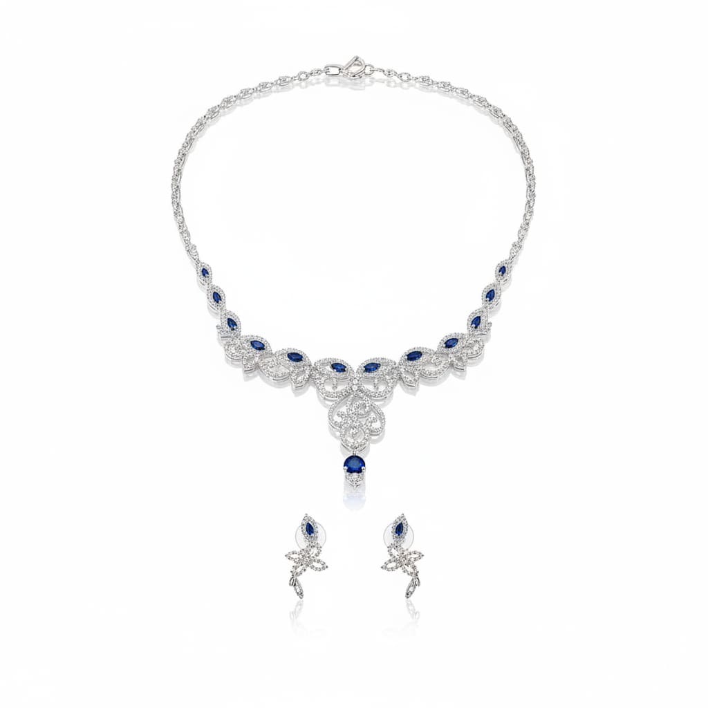 925 Sterling Silver Blue CZ Necklace & Earrings Set –