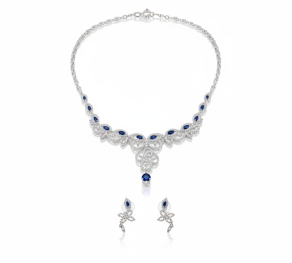 925 Sterling Silver Blue CZ Necklace & Earrings Set –