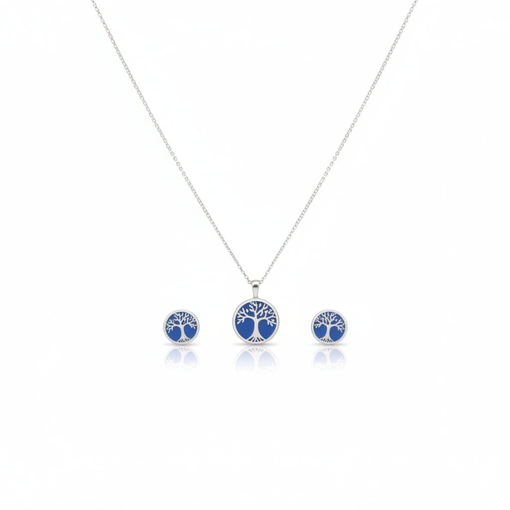925 Sterling Silver Blue Tree of Life Necklace and Stud