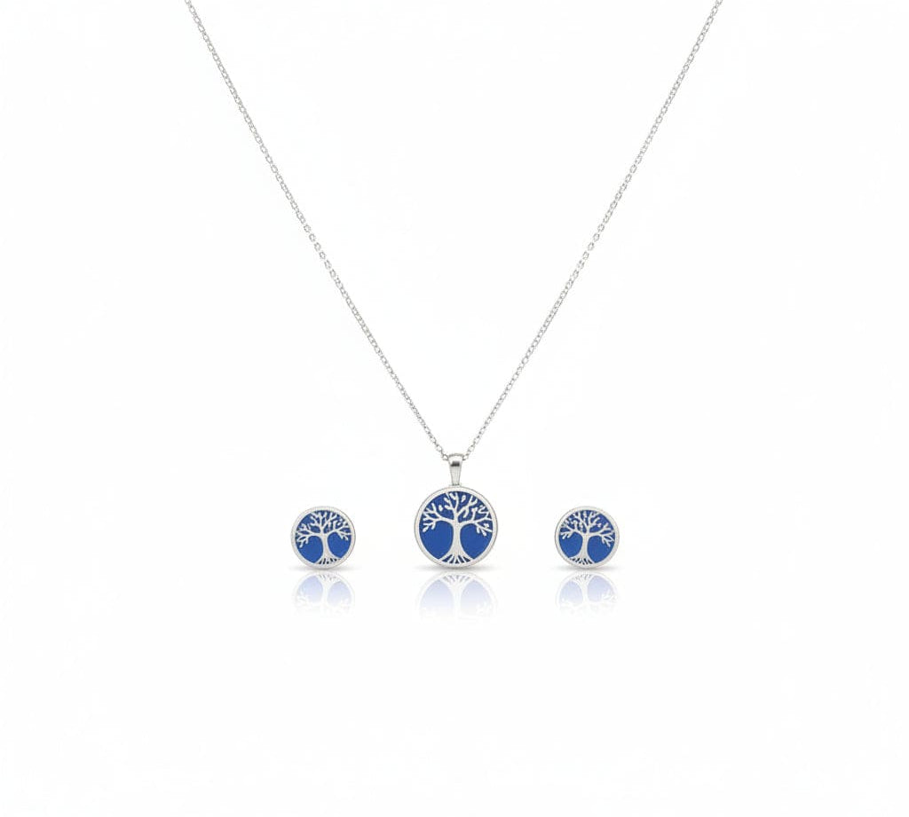 925 Sterling Silver Blue Tree of Life Necklace and Stud