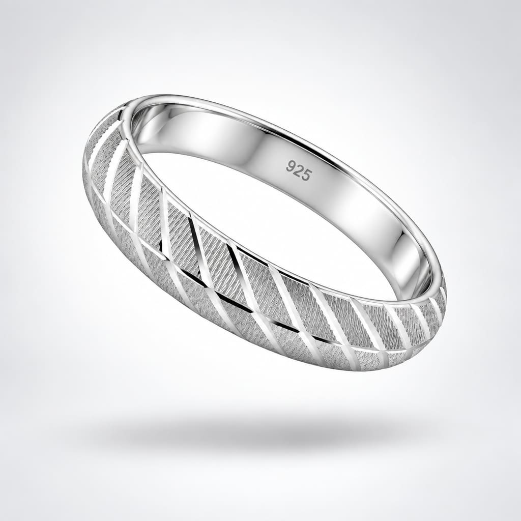 925 Sterling Silver Bold Diagonal-Cut Domed Bangle/Kada