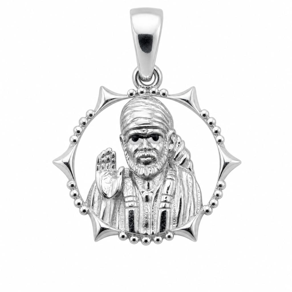 925 sterling silver circular Sai Baba pendant on a pure white background