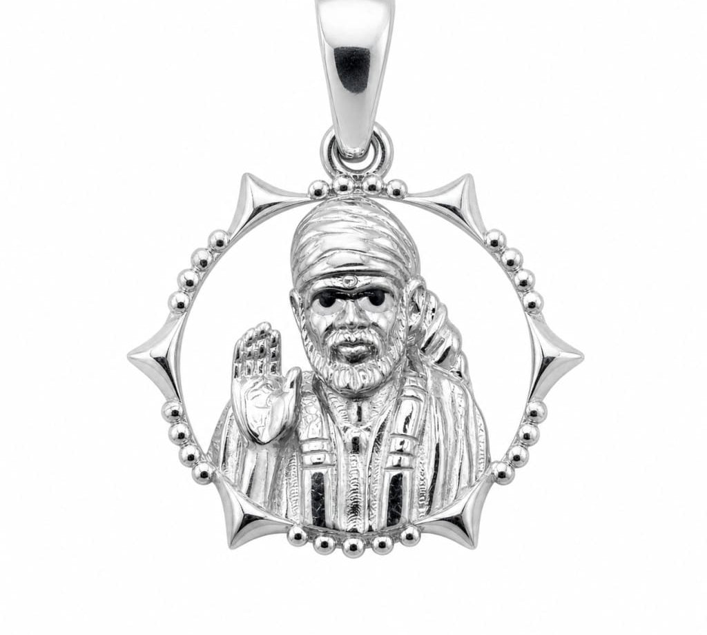 925 sterling silver circular Sai Baba pendant on a pure white background