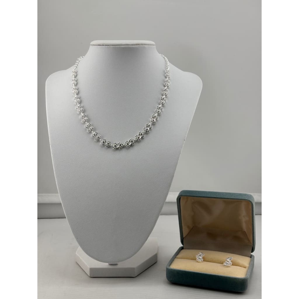 925 Sterling Silver Cluster Floral CZ Necklace and Earrings