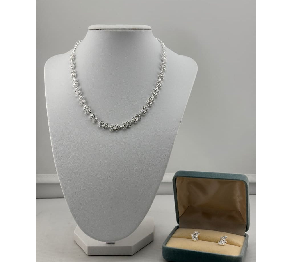 925 Sterling Silver Cluster Floral CZ Necklace and Earrings