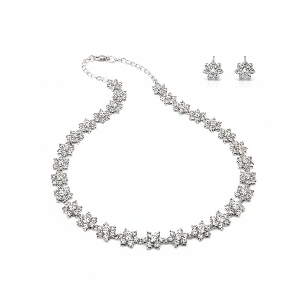 925 Sterling Silver Cluster Floral CZ Necklace and Earrings