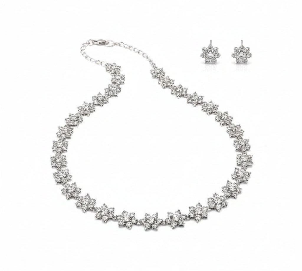 925 Sterling Silver Cluster Floral CZ Necklace and Earrings