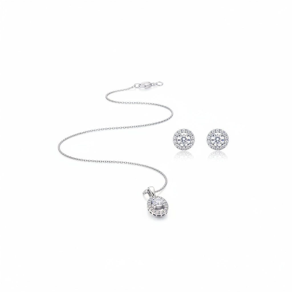 925 Sterling Silver Crescent Moon CZ Necklace and Stud