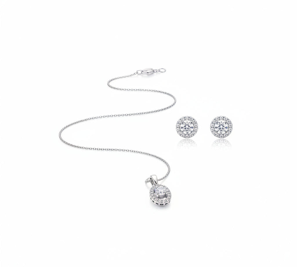 925 Sterling Silver Crescent Moon CZ Necklace and Stud