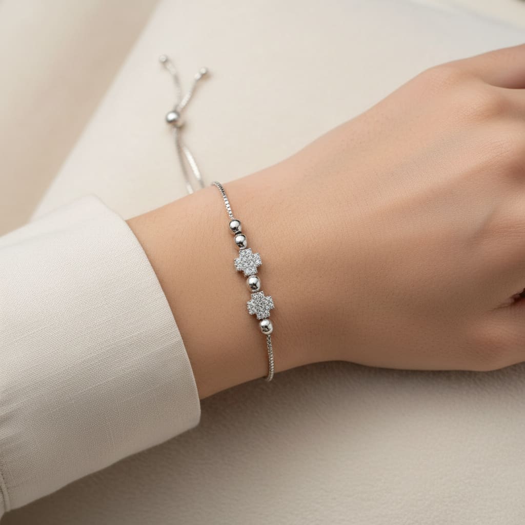 925 Sterling Silver Cross Floral CZ Adjustable Bracelet | 5g