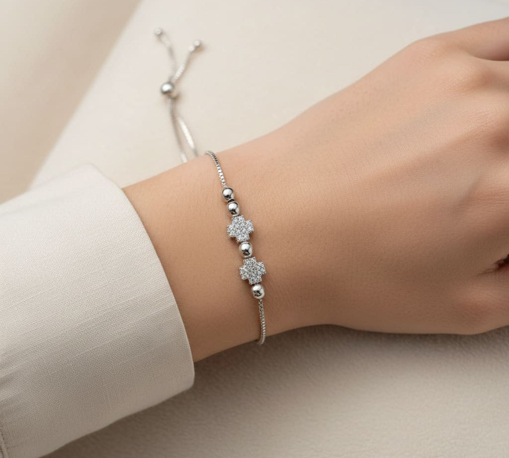 925 Sterling Silver Cross Floral CZ Adjustable Bracelet | 5g