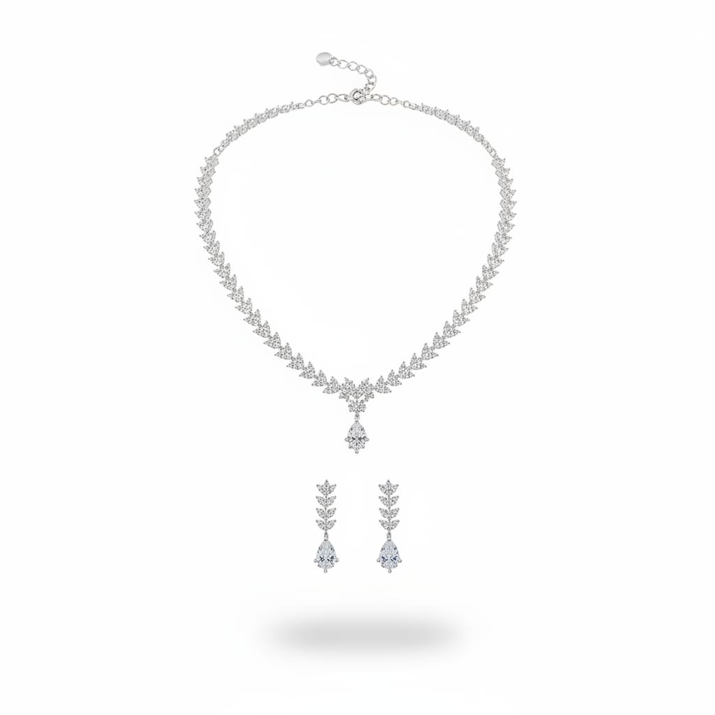 925 Sterling Silver CZ Necklace & Earrings Set – Leaf Vine