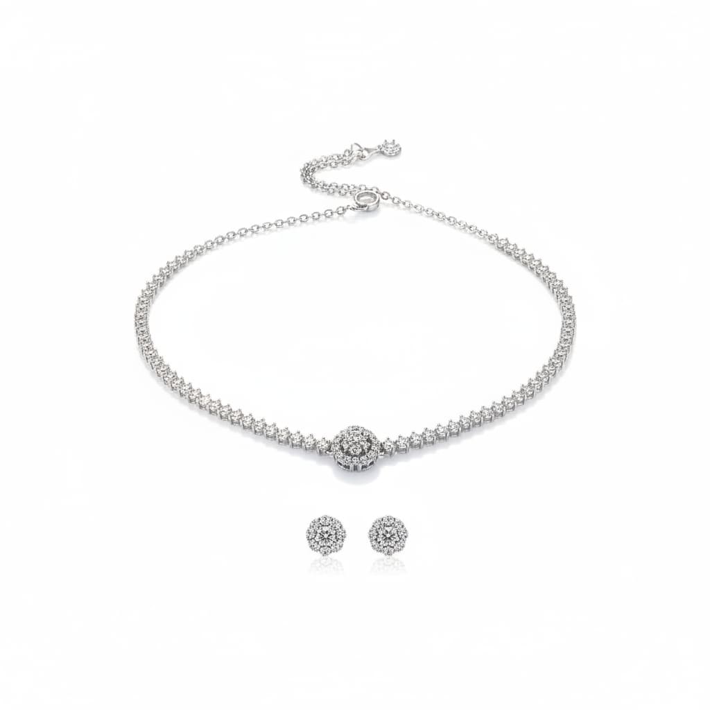 925 Sterling Silver CZ Necklace & Earrings Set – Round