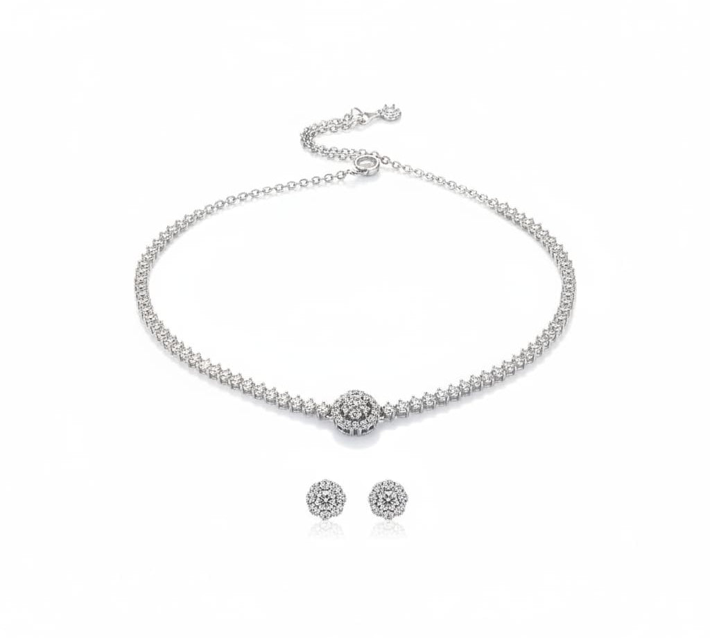 925 Sterling Silver CZ Necklace & Earrings Set – Round