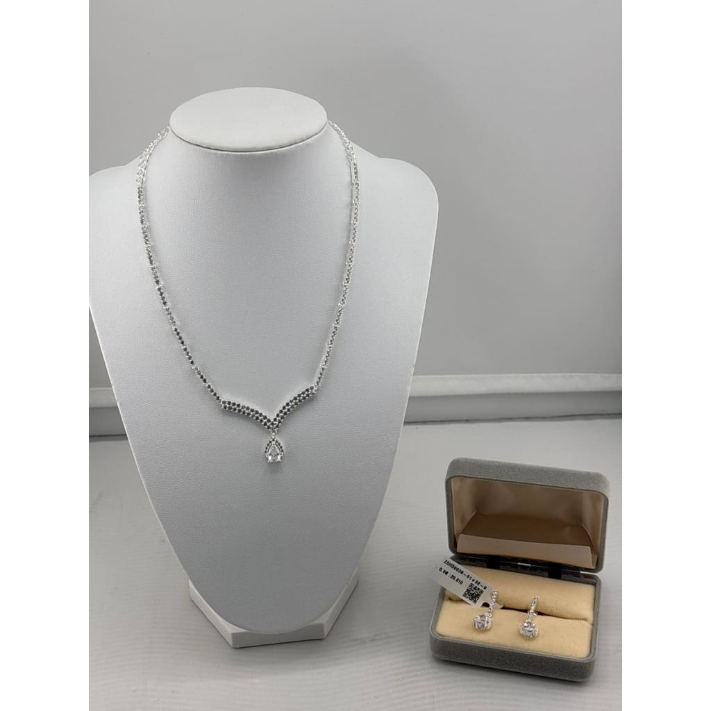 925 Sterling Silver CZ Necklace & Earrings Set – V-Shaped