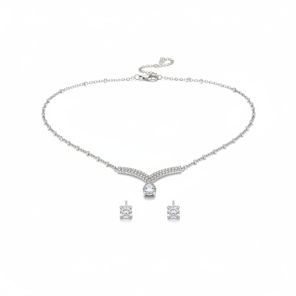 925 Sterling Silver CZ Necklace & Earrings Set – V-Shaped