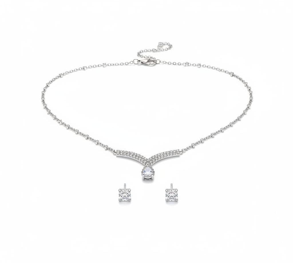 925 Sterling Silver CZ Necklace & Earrings Set – V-Shaped
