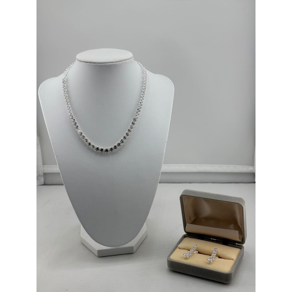 925 Sterling Silver CZ Tennis Necklace & Earrings Set –