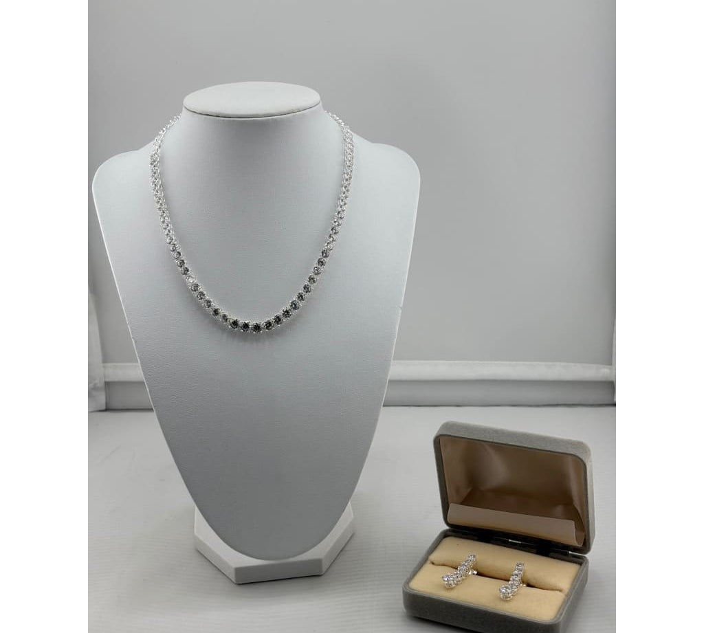 925 Sterling Silver CZ Tennis Necklace & Earrings Set –