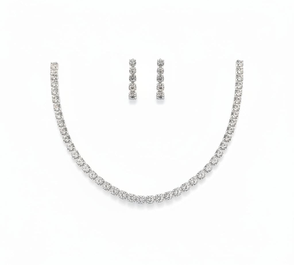 925 Sterling Silver CZ Tennis Necklace & Earrings Set –